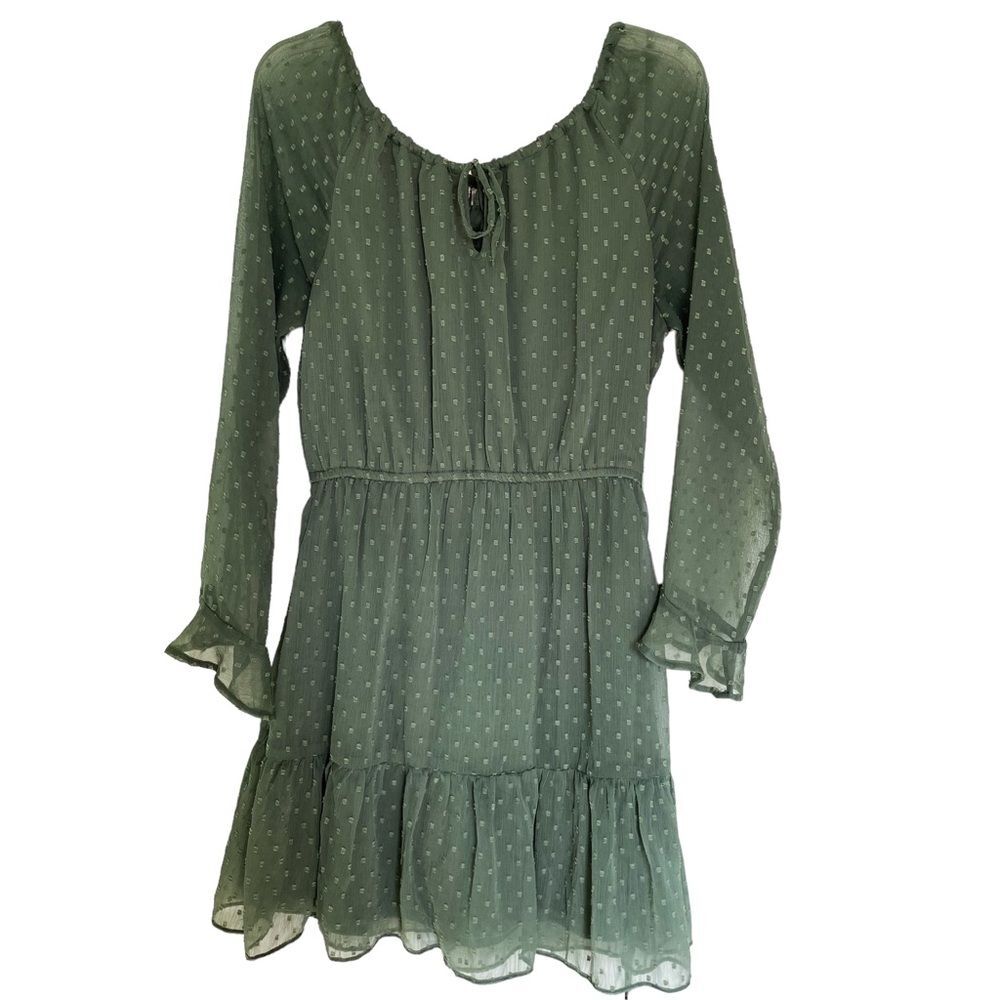 H&M Olive Green Swiss Dot Frill Long Sleeve Mini Dress Boho Cottagecore Small